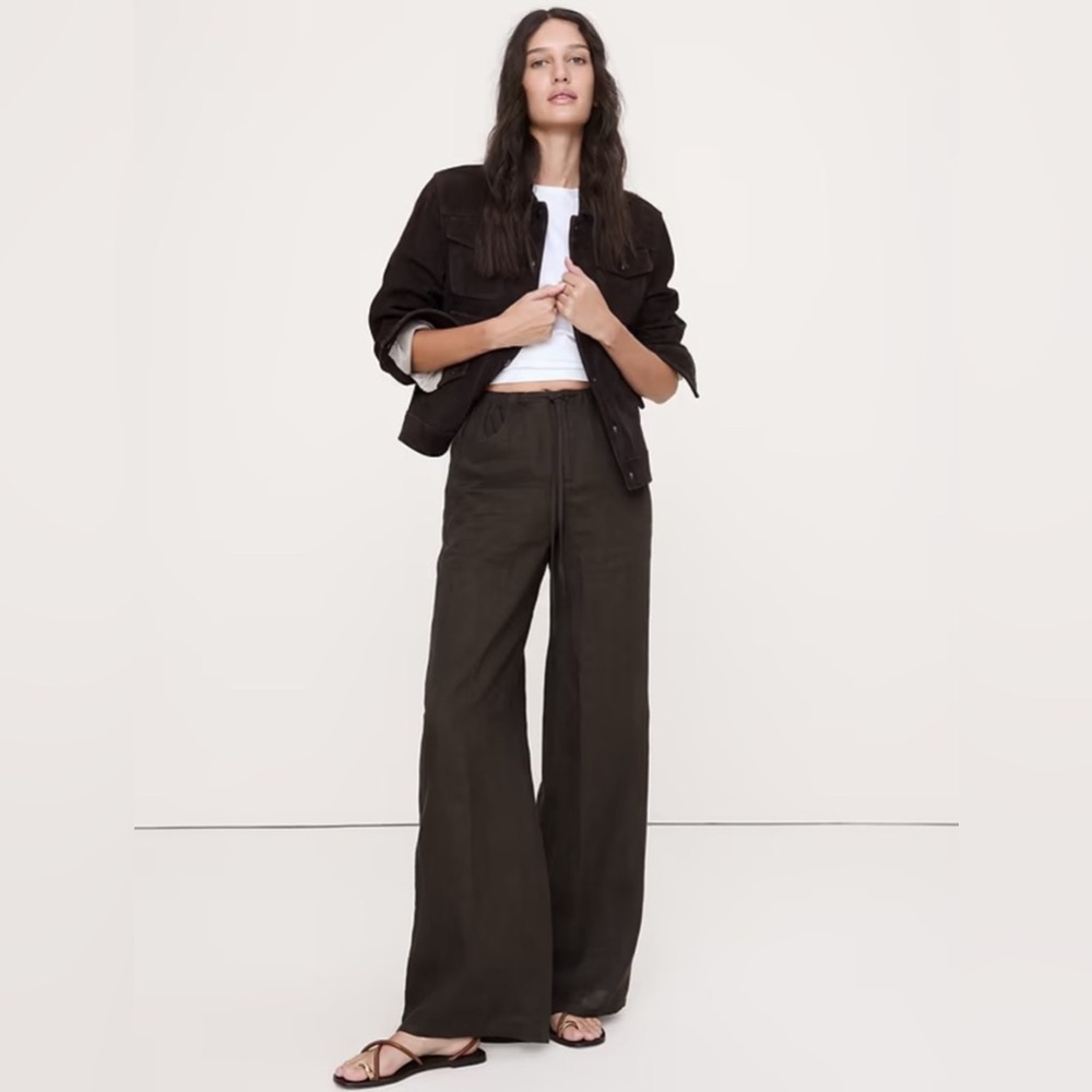 NWT! BANANA REPUBLIC STUDIO WIDE-LEG DRAWSTRING PANT IN LINEN - LARGE 🗺️1️⃣